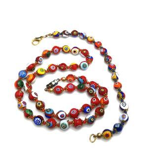 Murano Millefiori Beaded Necklace Bracelet Set, Hand Blown Glass, Hand Knotted